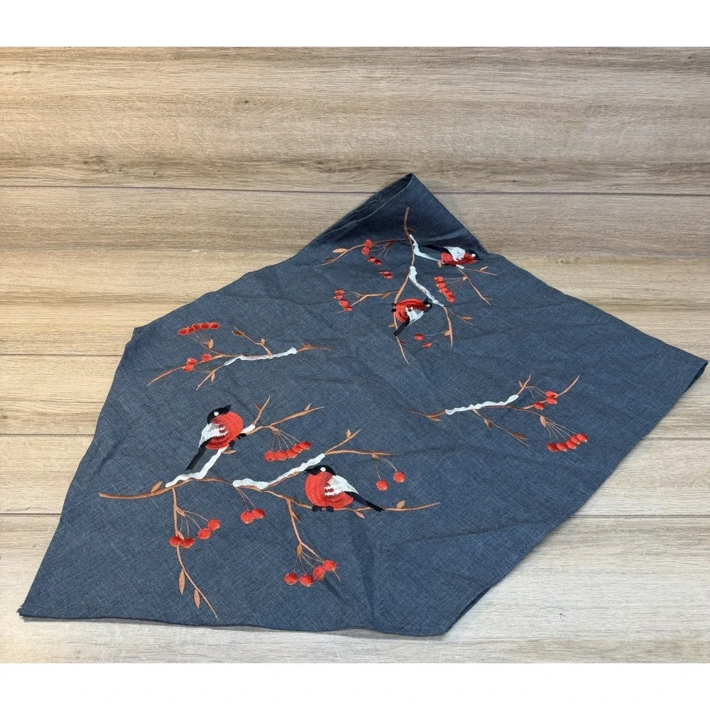 Rolande du Dreuilh Alpine Chalet Embroidered Table Runner Red Snow Birds Berries